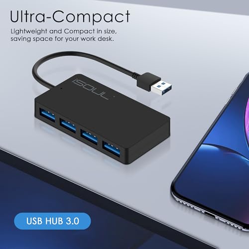 iSOUL 4-Port USB 3.0 Hub for Laptop, Ultra-Slim Data USB Hub 0.6 ft Extended Cable [Multi Port, USB Splitter] for PC, MacBook, Flash Drive, Mobile HDD, Printer [ USB Adapter, USB Extender]