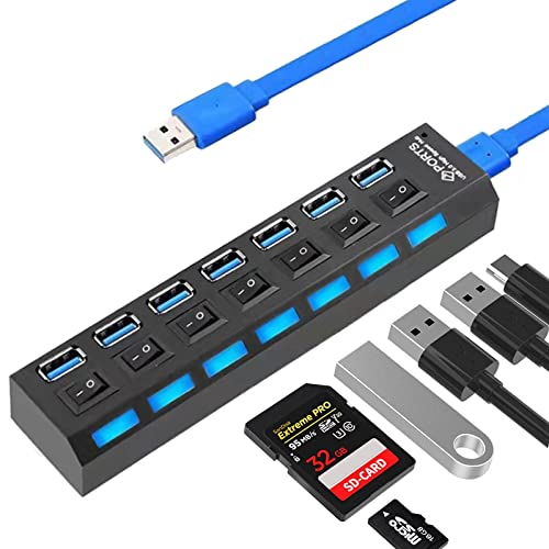 USB Hub 7-Port USB SuperSpeed USB 3.0 Hub Extender USB Hubs with Individual on/off LED Switches Power Adapter Multi Port USB Splitter Extender for PC Laptop Desktops