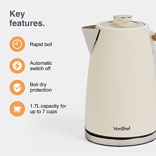 VonShef Kettle and Toaster Set – Scandi 1.7L Rapid Boil Kettle 3000W & 2 Slice Wide Slot Toaster 850W with 6 Browning Controls & High Lift, Matching Kitchen Set – Nordic Cream and Wood Accents