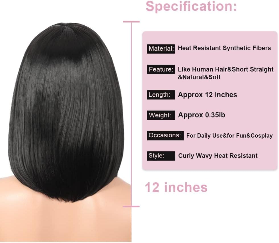 Kalyss Synthetic Bob Wigs for Women Short Dark Brown Bob Wig Natural Looking Straight Ladies Daily Hair Wig with Fringe for Cosplay Halloween Christmas Party