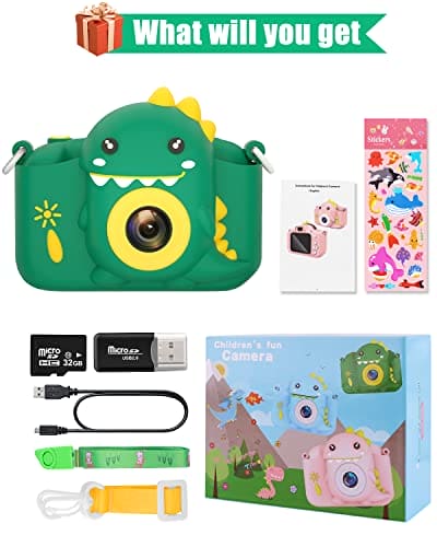 Hangrui Kids Camera, 20MP Kids Digital Dual Lens Camera with Silicone Case 2.0 Inch IPS Screen 1080P Video Camcorder, 32GB SD Card,Shockproof Childrens Camera Toy for Boys & Girls Age 3-12(Green)