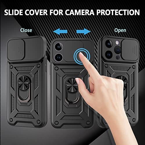 Hianjoo Case Compatible with iPhone 14 Pro Max 2024, Shockproof Case with Ring Kickstand Slide Camera Cover Support Magnetic Car Mount Compatible with iPhone 14 Pro Max 6.7” - Black