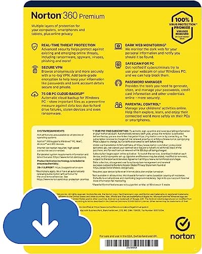 Norton 360 Premium 2024, Antivirus software for 10 Devices and 1-year subscription with automatic renewal, Includes Secure VPN and Password Manager, PC/Mac/iOS/Android, Activation Code by email