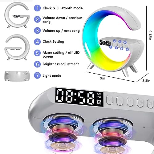 G Lamps with Wireless Charger, 15W Bedside Lamp, RGB Color Changing Mood Light with Alarm Clock, Dimmable, Bluetooth Speaker and App Control, Smart Speaker Lamp for Bedroom