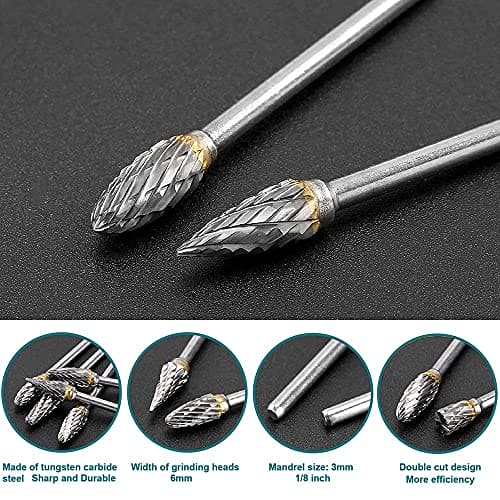 Tungsten Carbide Steel Double Cut Rotary Burrs Set for Rotary Tool, 10pcs 1/8 inches Shank Fits Rotary Tool for Grinder Drill, DIY WoodWorking Carving, Metal Polishing, Engraving, Drilling