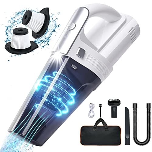 URAQT Handheld Vacuum Cordless, Portable 10000Pa Strong Suction Car Vacuum Cleaner Dust Busters, 2 Speed Wet Dry Vacuum with LED Light, Rechargeable Hand Held Vacuuming for Home, Office, Car (White)