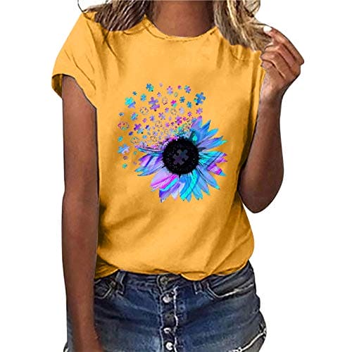 T Shirt for Women Funny Graphic Print Tunic Tops Short Sleeve Crewneck Shirts Loose Casual T-Shirt - Women's Casual Sunflower Printing Short Sleeves Tops Round Neck Loose T-Shirt Blouse Tops