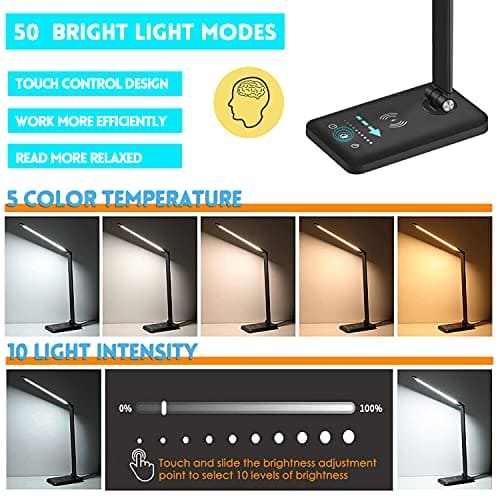 BIENSER LED Desk Lamp with Wireless Charger, USB Charging Port, Table Lamp with 10 Brightness, 5 Lighting Colors, Dimmable Eye-Caring Desk Lamps for Home Office, Touch Control, 30/60min Auto Timer