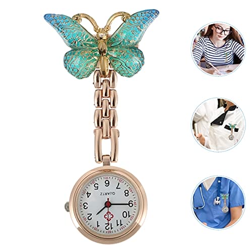 Hemobllo Nurse Watches Plastic Clip On Nursing Quartz Watches Butterfly Shape Lapel Pin on Brooch Fob Watches Round Hanging Watches for Decoration Green