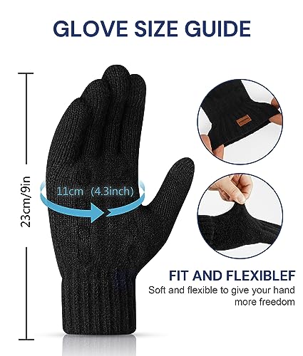 FORVEVO Mens Gloves Winter Gloves, Thermal Touch Screen Gloves for Work Running Driving Walking with Warm Soft Lining - Black Knitted Gloves