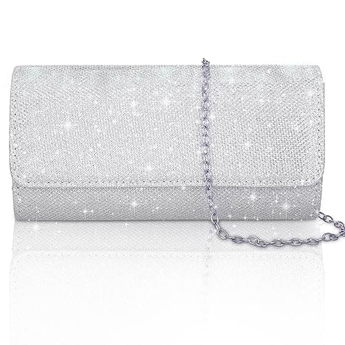 Firtink Women Clutch Bag, Shiny Evening Bags Sliver Clutches Handbags Glitter Purse with Detachable Chain, Envelope Handbag Body Shoulder Bags Wallet for Women Bridal Prom Party Wedding