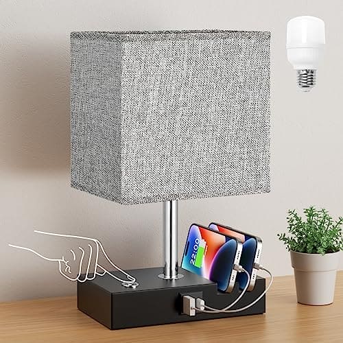 Touch Bedside Lamps with USB C+A Charging Ports 2 Phone Slots, 3-Way Dimmable Table Lamp, Grey Touch Bedside Nightstand Lamp with Linen Shade for Bedroom Living Room Study Office (LED Bulb Included)