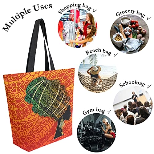 Naanle Africa Canvas Tote Bag Large Women Casual Shoulder Bag Handbag, African Girl Reusable Multipurpose Heavy Duty Shopping Grocery Cotton Bag for Outdoors