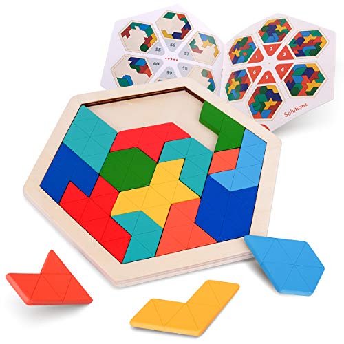 Coogam Wooden Kids Puzzle - Hexagon Shape Pattern Tetris Block Tangram Logic IQ Game STEM Montessori Brain Teaser Toy Gift for Teenagers