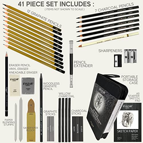 EVAZAR Sketching and Drawing art supplies London, artists set of drawing pencils & sketch supplies, in beautiful Portable Case, 41 piece