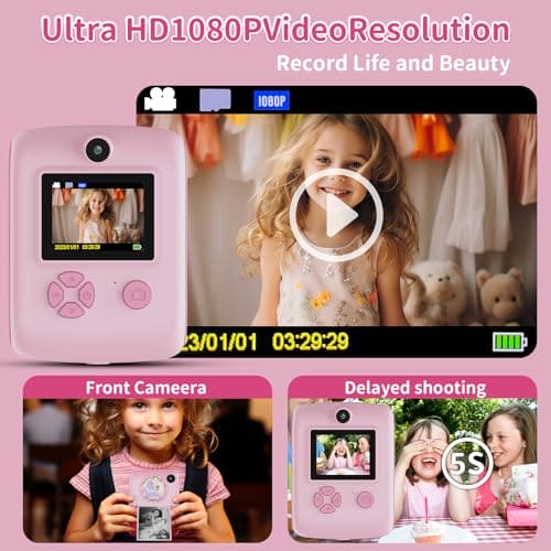 Kids Camera, Instant Print Camera for 3-12 Year Old Girls, Digital Selfie Camera for Kids Children Camera Toys with 32GB Card 1080P, Christmas Birthday Gifts for Age 3 4 5 6 7 8 9 Years Old Girls