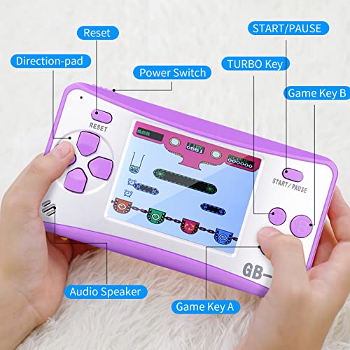 QINGSHE Portable Handheld Games console for Kids 2.5" LCD Screen 168 Games TV Output Arcade Gaming Player System Birthday for Your Boys Girls(Purple)