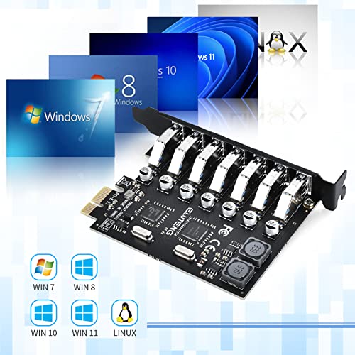 ELUTENG PCIE USB 3.0 Card, PCIE Expansion Card 7 Port PCI-e USB 3.0 Card Super Fast 5Gbps PCI-E to USB 3.0 Expansion Card Adapter Support PCI-E X1 X4 X8 X16, Support Windows 11/10/8/7/XP