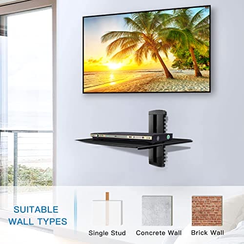 Suptek Single Floating Shelf Wall Bracket with Strengthened Tempered Glass for DVD Players/Cable Boxes/Games Consoles/TV Accessories 1 Shelf, Black, CS201