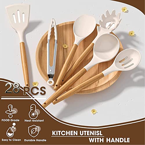 Silicone Kitchen Utensils Set, 28pcs Silicone Kitchen Cooking Utensils Set, Kitchen Tools Spatula Set with Holder for Nonstick Heat Resistant Cookware, Khaki