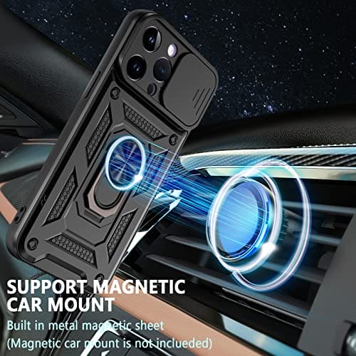 Hianjoo Case Compatible with iPhone 14 Pro Max 2024, Shockproof Case with Ring Kickstand Slide Camera Cover Support Magnetic Car Mount Compatible with iPhone 14 Pro Max 6.7” - Black