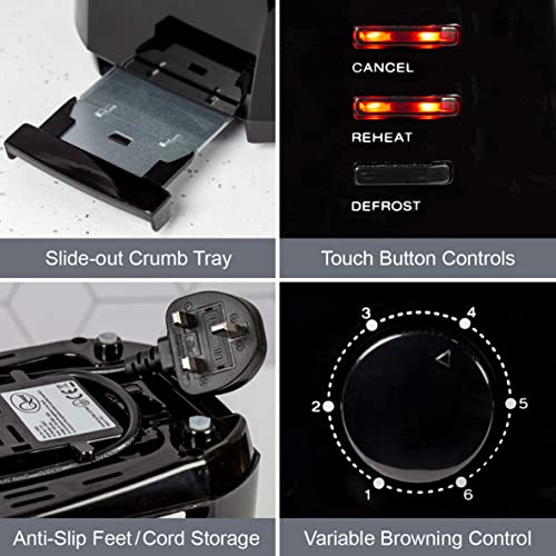 Quest 4 Slice Toaster Black - Extra Wide Long Slots for Crumpets and Bagels - 6 Settings - Reheat and Defrost