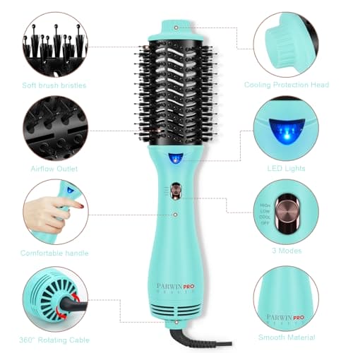 One-Step Hair Dryer Brush, PARWIN PRO BEAUTY Blow Dry Hair Brush, 4 in 1 Hot Brushes for Hair Styling, Drying, Volumizing, Straighten, Negative Ion Care Hot Air Brush, 1000W, Green