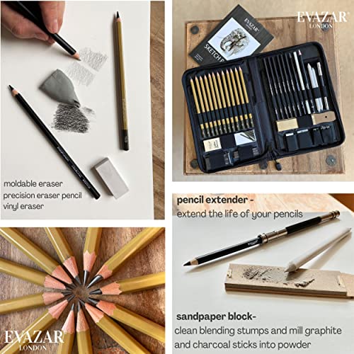 EVAZAR Sketching and Drawing art supplies London, artists set of drawing pencils & sketch supplies, in beautiful Portable Case, 41 piece