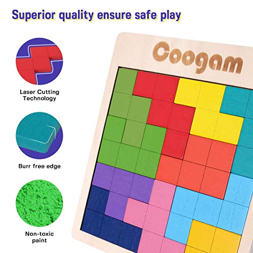 Coogam Wooden Tangram Puzzle Pattern Blocks Brain Teasers Game with 60 Challenges, 3D Russian Building Toy Wood Shape Jigsaw Puzzles Montessori STEM Educational Toys Gift for Kids Adults