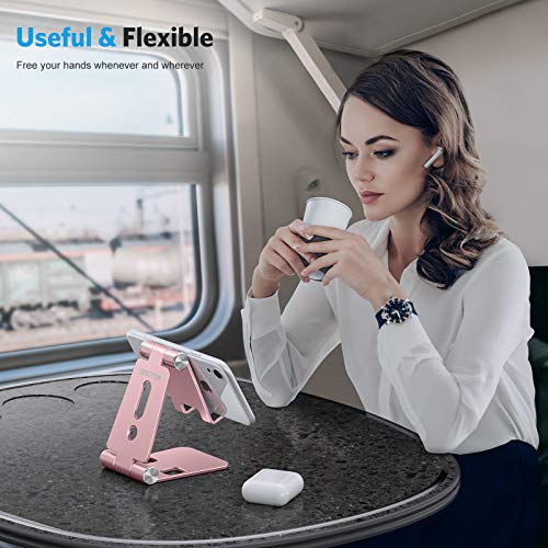 OMOTON Phone Stand Foldable, Phone Holder, Aluminum Portable Phone Dock Cradle Stand for Travel, Fits iPhone 14 Pro/13/12 Pro/11/SE/Xr/Xs Max, Samsung, Tablet, and More Smartphones(4-8in), Rose gold