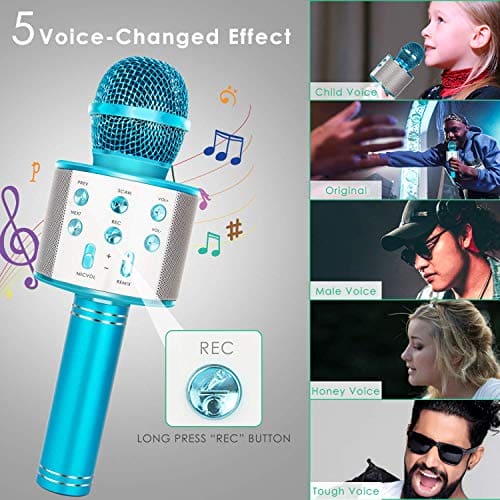 KIDWILL Karaoke Wireless Bluetooth Microphone for Kids, 5-in-1 Portable Handheld Karaoke Mic Speaker Player Recorder with Adjustable Remix FM Radio for Kids Adults Birthday Party KTV Christmas (Blue)