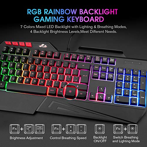 Rii RK202 Gaming Keyboard,LED Rainbow Backlit Light up Keyboard With Membrane Keys,Spill-Resistant,for PC Computer,Laptop,Windows,Gamer,Xbox one,PS4,PS5-UK Layout