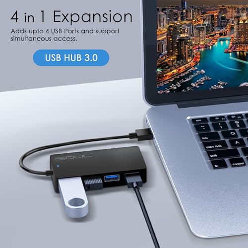 iSOUL 4-Port USB 3.0 Hub for Laptop, Ultra-Slim Data USB Hub 0.6 ft Extended Cable [Multi Port, USB Splitter] for PC, MacBook, Flash Drive, Mobile HDD, Printer [ USB Adapter, USB Extender]