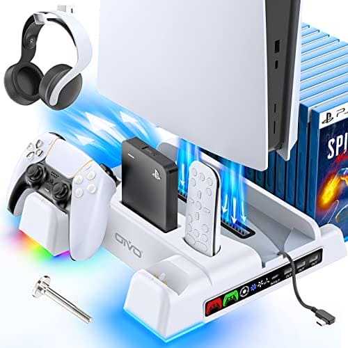 PS5 Stand and Cooling Station with RGB LED Controller Charging Station for Playstation 5 Console, 2H Fast PS5 Controller Charger, PS5 Accessories with 3 Levels Cooling Fan/Headset Holder, 3 USB Hub