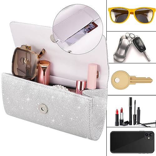 Firtink Women Clutch Bag, Shiny Evening Bags Sliver Clutches Handbags Glitter Purse with Detachable Chain, Envelope Handbag Body Shoulder Bags Wallet for Women Bridal Prom Party Wedding