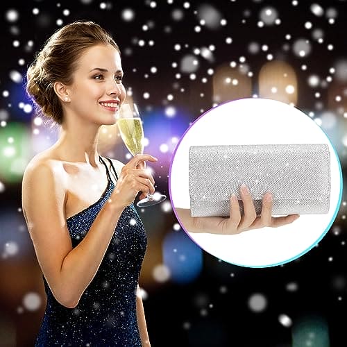 Firtink Women Clutch Bag, Shiny Evening Bags Sliver Clutches Handbags Glitter Purse with Detachable Chain, Envelope Handbag Body Shoulder Bags Wallet for Women Bridal Prom Party Wedding