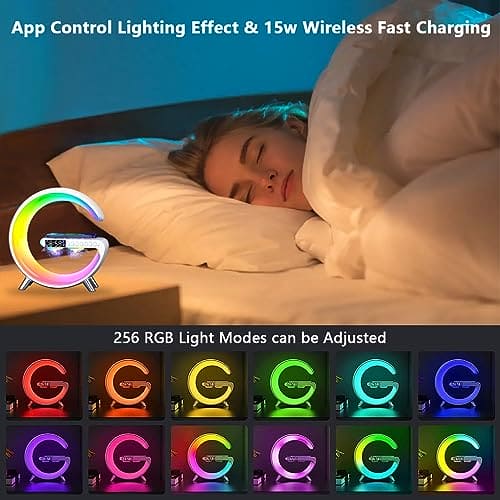 G Lamps with Wireless Charger, 15W Bedside Lamp, RGB Color Changing Mood Light with Alarm Clock, Dimmable, Bluetooth Speaker and App Control, Smart Speaker Lamp for Bedroom