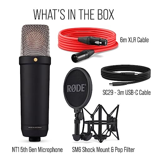 RØDE NT1 5th Generation Large-diaphragm Studio Condenser Microphone with XLR and USB Outputs, Shock Mount and Pop Filter for Music Production, Vocal Recording and Podcasting (Black)