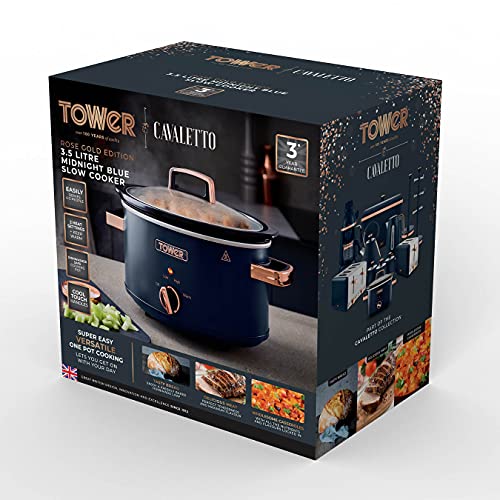 Tower T16042MNB Cavaletto 3.5 Litre Slow Cooker with 3 Heat Settings, Removable pot and Cool Touch Handles, Midnight Blue and Rose Gold