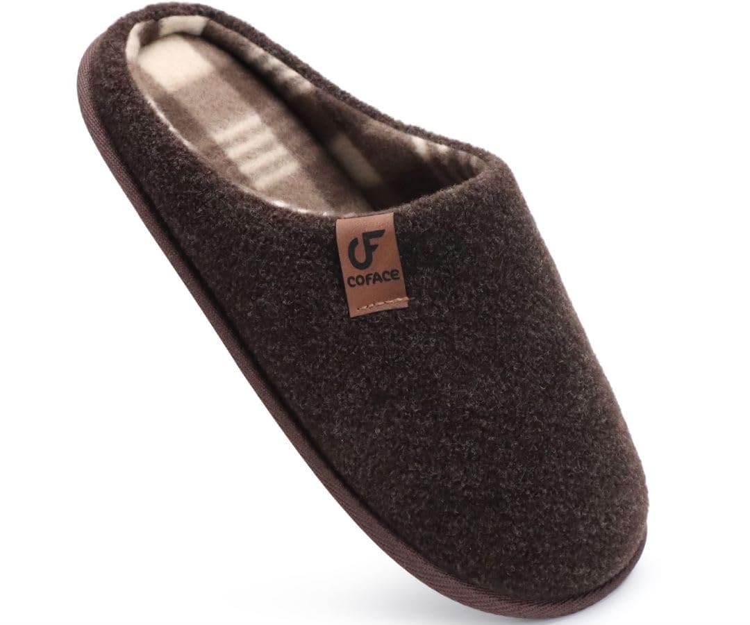 COFACE Mens Cozy Memory Foam Scuff Slippers Uninex Casual Slip On Warm House Indoor/Outdoor Shoes Felt Sandal Slippers With Arch Support Rubber Sole, size 14 Dark Brown