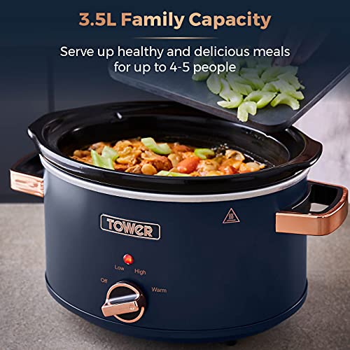 Tower T16042MNB Cavaletto 3.5 Litre Slow Cooker with 3 Heat Settings, Removable pot and Cool Touch Handles, Midnight Blue and Rose Gold