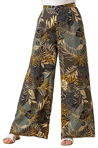 Roman Originals Women Tropical Print Wide Leg Trouser - Ladies Spring Everyday Summer Holiday Elastic Waist Soft Lightweight Comfy Cruise Vacation Loose Relaxed Bottoms - Green - Size 16