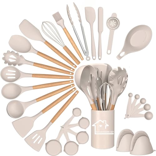 Silicone Kitchen Utensils Set, 28pcs Silicone Kitchen Cooking Utensils Set, Kitchen Tools Spatula Set with Holder for Nonstick Heat Resistant Cookware, Khaki