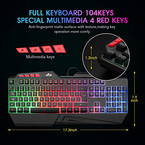 Rii RK202 Gaming Keyboard,LED Rainbow Backlit Light up Keyboard With Membrane Keys,Spill-Resistant,for PC Computer,Laptop,Windows,Gamer,Xbox one,PS4,PS5-UK Layout