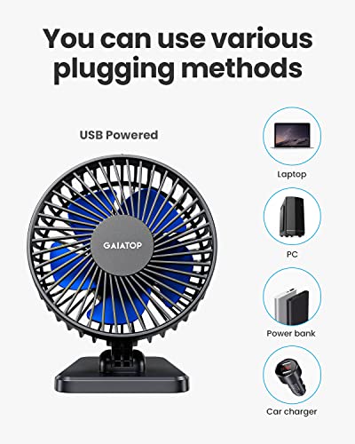 gaiatop USB Desk Fan, Small But Powerful, Portable Quiet 3 Speeds Wind Desktop Personal Fan, Adjustment Mini Fan for Better Cooling, Home Office Car Indoor Outdoor Blue