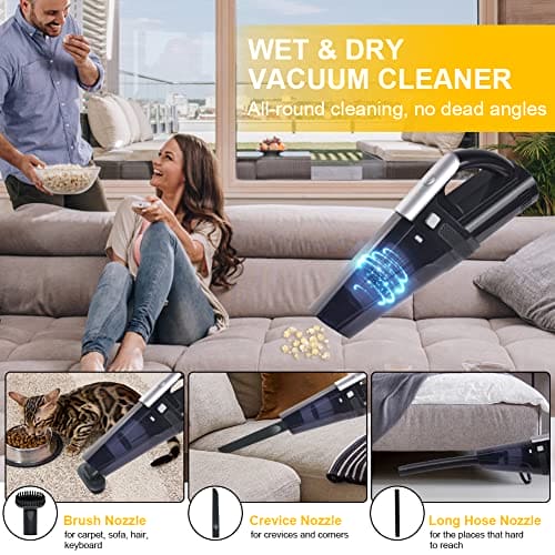 URAQT Handheld Vacuum Cordless, Portable 10000Pa Strong Suction Car Vacuum Cleaner Dust Busters, 2 Speed Wet Dry Vacuum with LED Light, Rechargeable Hand Held Vacuuming for Home, Office, Car (White)