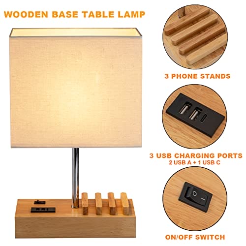 USB Bedside Table Lamp, HHome Plus Desk Lamp with 3 USB Charging Ports and Phone Charge Dock, Wood Charging Station and Organizer, Perfect Light for Bedroom, Guest Room, Living Room, Office