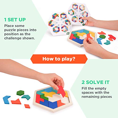 Coogam Wooden Kids Puzzle - Hexagon Shape Pattern Tetris Block Tangram Logic IQ Game STEM Montessori Brain Teaser Toy Gift for Teenagers