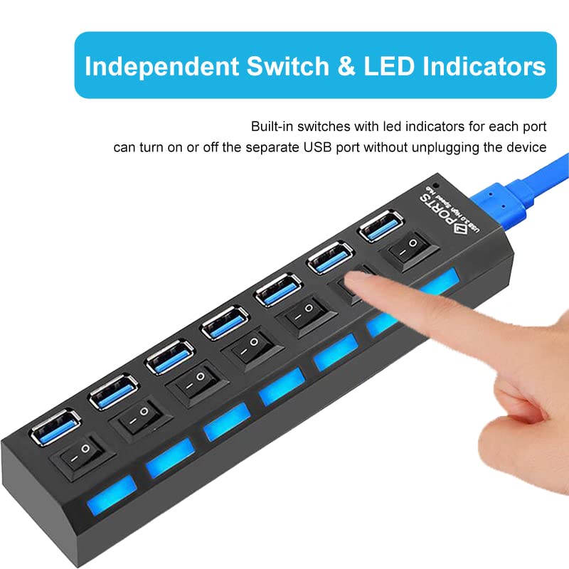 USB Hub 7-Port USB SuperSpeed USB 3.0 Hub Extender USB Hubs with Individual on/off LED Switches Power Adapter Multi Port USB Splitter Extender for PC Laptop Desktops