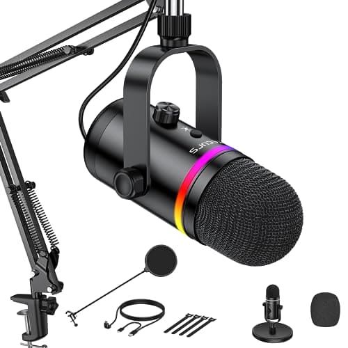 TECURS USB Microphone RGB with Arm,Condenser Microphones for PC, Gaming Mic Kit with Adjustment Boom Stand,Pop Filter,Quick Mute,Gain Control for Streaming Discord Podcasts,Recording,PS4/5